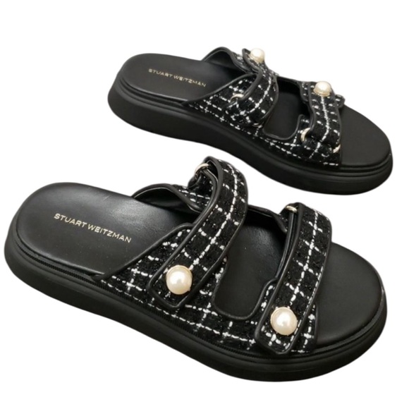 Stuart Weitzman Goldie Sports Slide Black and White Tweed with Pearl Details - Picture 3 of 7